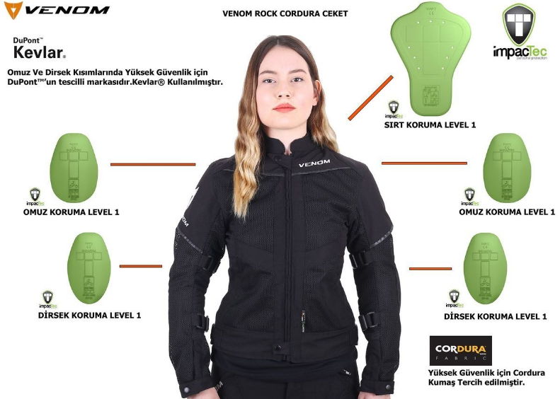 Venom Rock Cordura Yazlık Fileli Bayan Motosiklet Montu